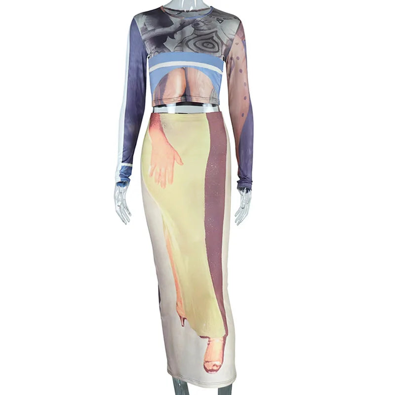 3D Body Abstract Print Two Piece Skirt Set