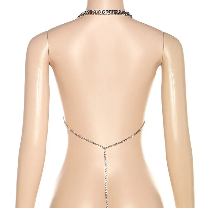Silver Metal Chain Open Back Halter Top