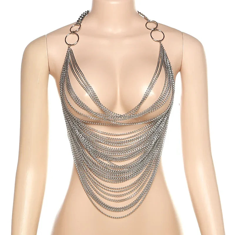 Silver Metal Chain Open Back Halter Top